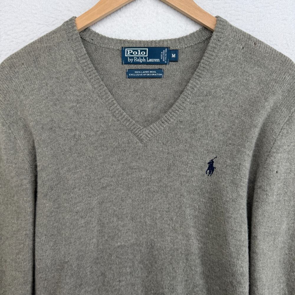 POLO RALPH LAUREN Sweater Mens M Lambswool V-Neck Pullover Jumper Gray VTG